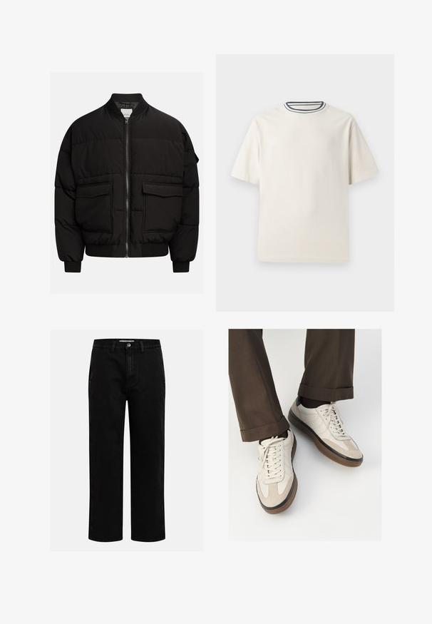 Schwarze Daunenjacke mit Stehkragen, Reißverschluss, zwei vorderen Taschen, gerippten Bündchen und Saum, ausgestattet mit einer gesteppten Optik zur Isolierung.; Cremefarbendes Baumwoll-T-Shirt mit kurzen Ärmeln, das über einen runden Halsauschnitt mit navy- und weißen Streifen verfügt. Glatte Textur, lässige Passform.; Schwarze Jeanshose mit geradem Schnitt, klassischem Fünf-Taschen-Design und einem Knopfverschluss an der Taille. Glatte Textur und strapazierfähiger Stoff.; Beige Sneakers mit einer strukturierten Wildlederfront, glatten Lederseiten und einer braunen Gummisohle. Bändel und helle Nähdetails sind enthalten.