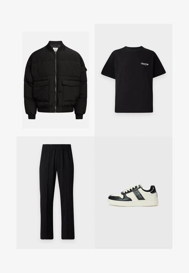 Schwarze Daunenjacke mit Stehkragen, Reißverschluss, zwei vorderen Taschen, gerippten Bündchen und Saum, ausgestattet mit einer gesteppten Optik zur Isolierung.; Schwarzes Baumwoll-T-Shirt mit Rundhalsausschnitt, kurzen Ärmeln und kleinem weißen Logotext auf der linken Brust. Schlichtes Design, klassischer Schnitt.; Schwarze, Gummibund-Hosen mit geradem Schnitt, die eine glatte Textur aufweisen und keine sichtbaren Muster oder Beschläge haben.; Leder-Sneaker in Schwarz- und Cremetönen, mit perforierten Akzenten, einem gepolsterten Kragen und einer strukturierten Laufsohle.