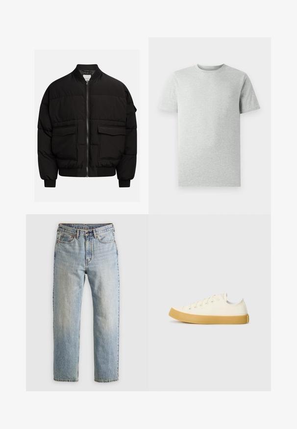 Sort pufferjakke med en mock krave, lynlåslukning, to forlommer, ribbede manchetter og kant, med et quiltet design til isolering.; En simpel lys grå kortærmet T-shirt med rund hals, vist på en hvid baggrund, set foran uden synlige logoer eller designs.; Lysblå denim jeans med høj talje, frontknap, lynlås og fem-lomme design, lagt fladt på en neutral baggrund.; Læder sneakers i off-white med rund tå, der har beige gummisåler og fem øjer til snørebånd, struktureret finish på overdelen.