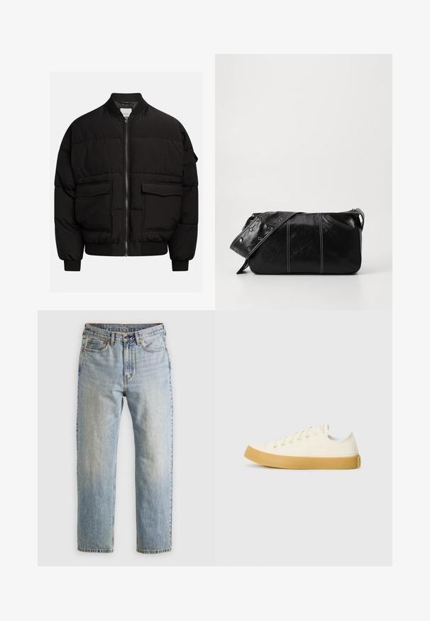 Svart pufferjakke med ståkrage, glidelås foran, to frontlommer, ribbestrikkede mansjetter og kant, med et quiltet design for isolasjon.; Lys grå kortermet T-skjorte med rund hals vist på hvit bakgrunn, frontvinkel uten synlige logoer eller design.; Lys blå denim jeans med høy midje, frontknapp, glidelås og fem-lommers design, lagt flatt på en nøytral bakgrunn.; Canvas sneakers i off-white med rund tå, med beige gummisåler og fem hull for lisser, strukturert finish på overdelen.; Svart lær skulderveske med glidelås, med teksturert overflate, hvite sømmer og en stropp med sølvringer.