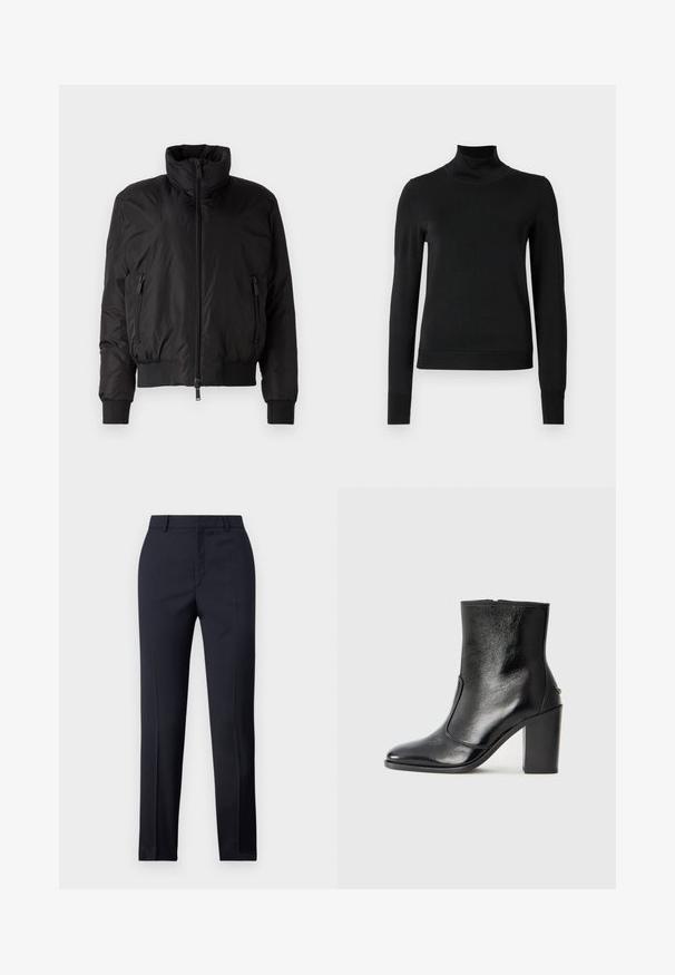 Črna puhovka z visokim ovratnikom, zapenjanjem spredaj in dvema stranskima žepoma z zadrgo. Ima elastične manšete in skrajšan dizajn.; Črni pulover s dolgimi rokavi in vratnikom, z rebrastimi манжетами in robom, prikazan na enobarvni beli podlagi.; Zadnje hlače v mornarično modri barvi s ravnim krojem, ki imajo gladko teksturo, dve sprednji žepki in čisto pasnico.; Črne usnjene gležnarske čevlje z gladko teksturo, koničastim nosom in debelim visokim petam. Imajo stransko odprtino in minimalističen dizajn.