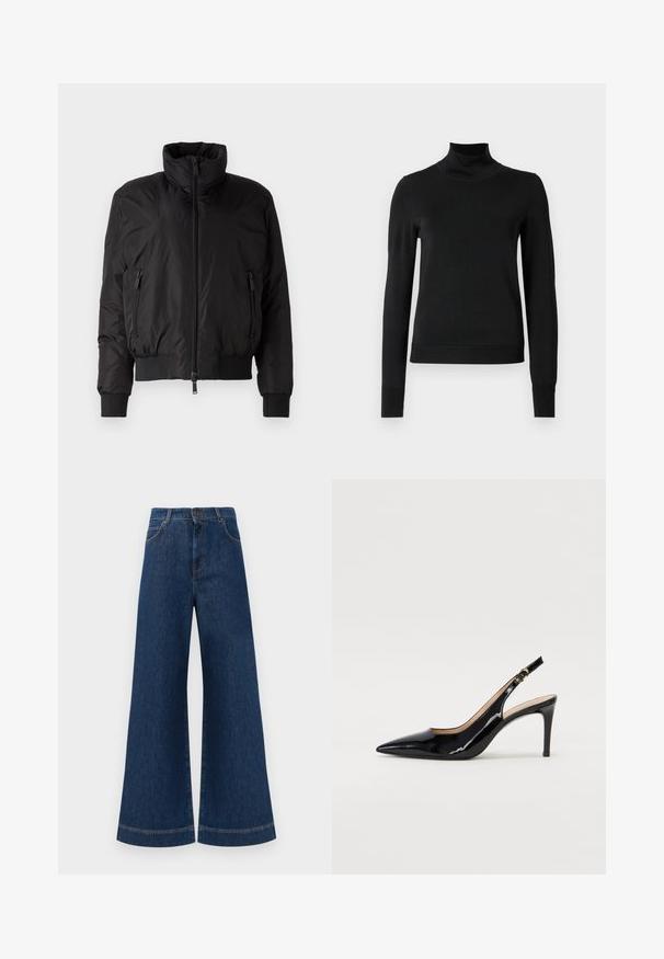Veste doudoune noire avec un col haut, fermeture éclair à l'avant et deux poches latérales zippées. Comprend des poignets élastiques et un design court.; Pull à col roulé noir à manches longues avec des poignets et un ourlet côtelés, présenté sur un fond blanc uni.; Jeans en denim bleu à taille haute et jambes larges, avec une fermeture à bouton, des passants de ceinture et des détails de couture subtils le long des poches et des ourlets.; Pompe slingback en cuir verni noir avec un bout pointu, un talon fin et un design de découpes subtil. Elle dispose d'une boucle dorée sur la sangle.