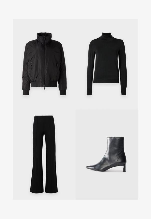 Black puffer jacket with a high collar, zip-front closure, and two zippered side pockets. Features elastic cuffs and a cropped design.; Black long-sleeve turtleneck sweater with ribbed cuffs and hem, displayed on a plain white background.; Black flared pants with a high waist, made of stretchy fabric. Features vertical seam details on the front and a smooth texture.; Black leather ankle boot with a pointed toe and a sleek design. Features a low heel and a zipper closure at the back. Smooth texture.
