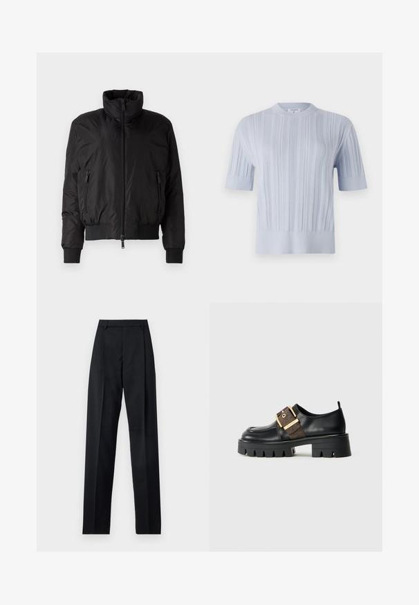 Crna puf jaka s visokim ovratnikom, zatvaranjem na zip, i dva bočna džepa sa zipom. Ima elastične manžetne i kroj koji se steže.; Svijetloplava kratkotrajna pletena majica s kratkim rukavima koja ima vertikalnu rebrastu teksturu i okrugli izrez. Tkanina pokazuje suptilne detalje s uskim rubom.; Crne hlače od glatkog materijala s visokim strukom, širokim nogavicama, prednjim pregibima i klasičnim petljama za remen. Nema vidljivih bočnih džepova.; Crne kožne cipele s debelim potplatom, sa zlatnom kopčom i teksturiranim smeškim akcentom. Zaobljen prst i minimalistički dizajn.