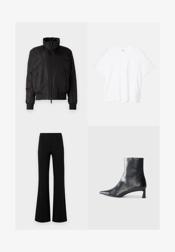 Melna pūkainā jaka ar augstu apkakli, ar rāvējslēdzēja priekšpusi un divām sānu kabatām ar rāvējslēdzēju. Iespējas: elastīgas aproces un saīsināta piegriezuma dizains.; Balta kokvilnas T-krekls ar īsām piedurknēm, apaļu dekoltē, brīva piegriezuma un šūtu apakšmalu. Etiķete redzama iekšējā kakla daļā.; Melnas platas bikses ar augsto jostasvietu, izgatavotas no elastīga auduma. Satur vertikālas šuvju detaļas priekšpusē un gludu tekstūru.; Melnas ādas potītes zābaki ar norādītu pirkstu un elegantu dizainu. Iezīmē zemu papēdi un rāvējslēdzēja aizdari aizmugurē. Gluda tekstūra.