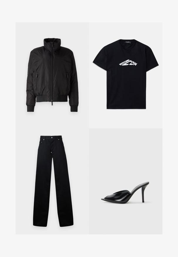 Mustat puhvitakit, joissa on korkea kaulus, vetoketjukiinnitys ja kaksi vetoketjullista sivutaskua. Varustettu elastisilla hihoilla ja lyhyt malli.; Musta puuvillapaita, jossa on lyhyet hihat ja pyöreä kaula-aukko. Edessä on valkoinen graafinen logo "DSQUARED2 CDN".; Mustat leveät housut, jotka on valmistettu puuvillasta. Niissä on vetoketjukiinnitys, kaksi etutaskua ja klassinen viisi-taskumalli, jossa on metalliset yksityiskohdat.; Musta nahkainen korkeakorkoinen mules-malli, avoimella varpaalla, terävä muotoilu, sileä pinta ja kapea stilettokorko.