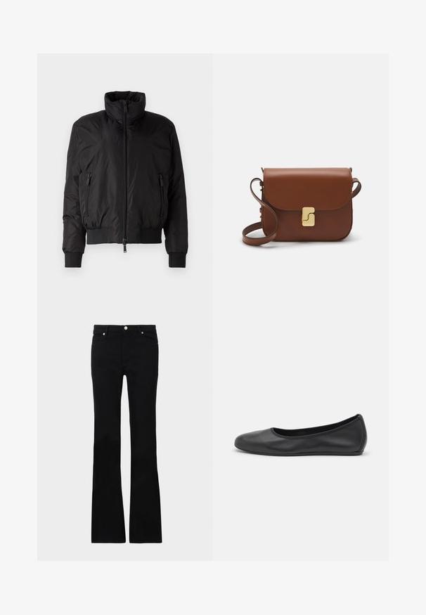 Black puffer jacket with a high collar, zip-front closure, and two zippered side pockets. Features elastic cuffs and a cropped design.; White short-sleeve t-shirt made of ribbed fabric. Round neckline, regular fit, and subtle stitching details. No patterns or graphics.; Black flared jeans made of denim, featuring two front pockets, a button closure, and a smooth texture. Signature stitching visible at seams.; Black leather ballet flat with a rounded toe, smooth texture, minimal stitching detail, and a flexible sole design.; Brown leather handbag with a flap closure, gold-tone hardware, a shoulder strap, and a smooth texture. Compact rectangular shape.