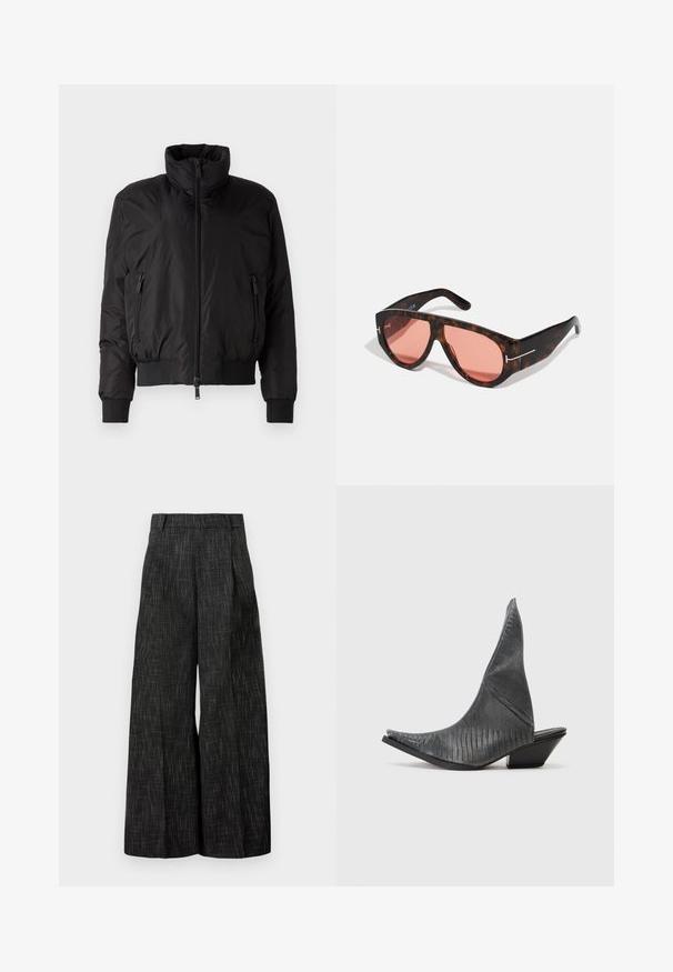 Giacca a vento nera con colletto alto, chiusura con zip frontale e due tasche laterali con zip. Presenta polsini elastici e un design corto.; Top senza maniche bianco e nero in tessuto elasticizzato, con motivo a strisce e dettagli lucidi, scollatura rotonda e design senza maniche.; Pantaloni neri a gamba larga con un motivo a trama e pieghe, dotati di una vita tailored e di un taglio raffinato, con dettagli minimi.; Mule nere con tacco alto e punta affusolata, caratterizzate da una texture a motivo serpente. Presentano un tacco triangolare basso e un design superiore curvo e liscio.; Occhiali da sole tartarugati con lenti rosa, caratterizzati da un audace design angolare e sottili dettagli in metallo argentato sulla montatura.