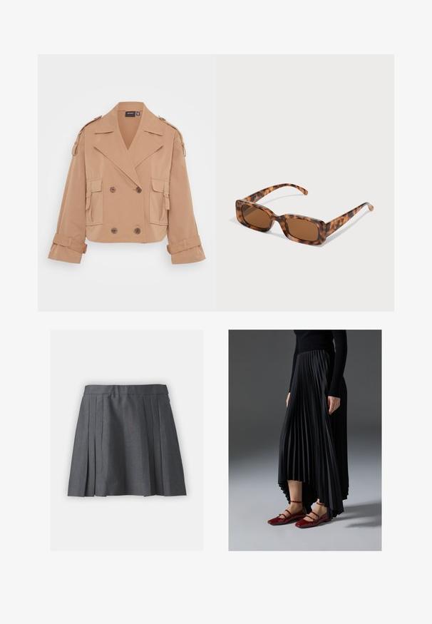 Casaco cropped bege com fecho de botão duplo, grandes bolsos frontais e mangas dobradas. Fabricado em um tecido suave e leve.; Even&Odd Petite 2 PACK - Top - black/egret; Saia cinza plissada feita de tecido texturizado, com uma cinta e fecho oculto. Apresenta pregas espaçadas uniformemente para um visual estruturado.; Saia preta plissada com bainha assimétrica, combinada com sapatilhas vermelhas brilhantes com um design de tiras. O tecido tem uma textura suave.; Uns óculos de sol de padrão tartaruga com lentes retangulares castanhas, uma armação grossa e hastes finas com um padrão de diferentes tons de castanho.
