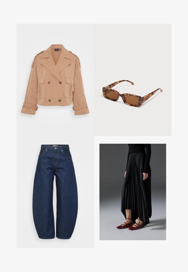 Kratká béžová bunda s dvojradovým zapínaním, veľkými prednými vreckami a vyhrnutými rukávmi. Vyrobená z hladkej, ľahkej tkaniny.; Even&Odd Petite 3 PACK - Top s dlhým rukávom - black/white/light green; Tmavomodré rifle s vysokým pásom, širokými nohavicami, so zapínaním na prednom gombíku a zips, a klasickým dizajnom s piatimi vreckami.; Čierna plisovaná sukňa s vysokým a nízkym lemom, skombinovaná s lesklými červenými balerínami s dizajnom remienkov. Tkanina má hladkú textúru.; Rámik slnečných okuliarov z korytnačiny s obdĺžnikovými hnedými sklami, hrubým rámom a štíhlymi stranicami so vzorom rôznych odtieňov hnedej.