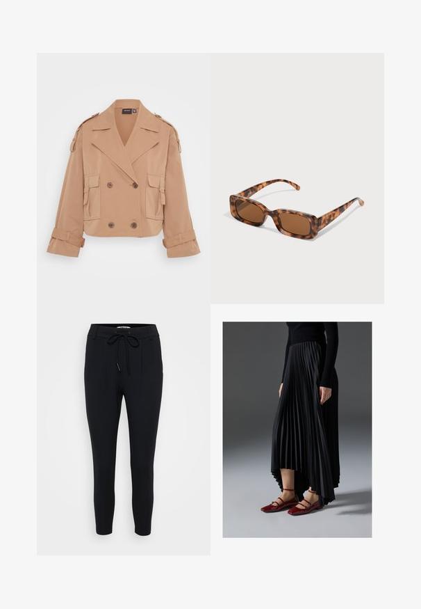 Tan cropped jacket with a double-breasted closure, large front pockets, and rolled sleeves. Made from a smooth, lightweight fabric.; Even&Odd Petite 3 PACK - Long sleeved top - black/white/light green; Black tapered pants made of stretchy fabric, featuring a drawstring waist, two front pleats, and a smooth texture.; Black pleated skirt with a high-low hem, paired with glossy red flats featuring a strap design. The fabric has a smooth texture.; Tortoiseshell sunglasses with rectangular brown lenses, a thick frame, and slim arms featuring a pattern of varying shades of brown.