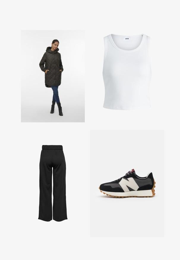 Kviltana, kapuca jakna temno olivno zelene barve, z gumbom za zapiranje, stranskimi žepi in daljšim zadnjim robom. Mehka, gladka tekstura tkanine.; Bela rebrasta majica brez rokavov z okroglim izrezom in krajšo dolžino. Oznaka navaja "JJXX." Gladka tekstura tkanine.; Črne hlače širokega kroja z elastičnim pasom, izdelane iz gladkega materiala. Imajo preprost dizajn brez žepov ali vidnih šivov.; Črne in sive semiš športne copate z velikim kremnim logotipom "N", vijoličastimi vezalkami in teksturiranim gumijastim podplatom.