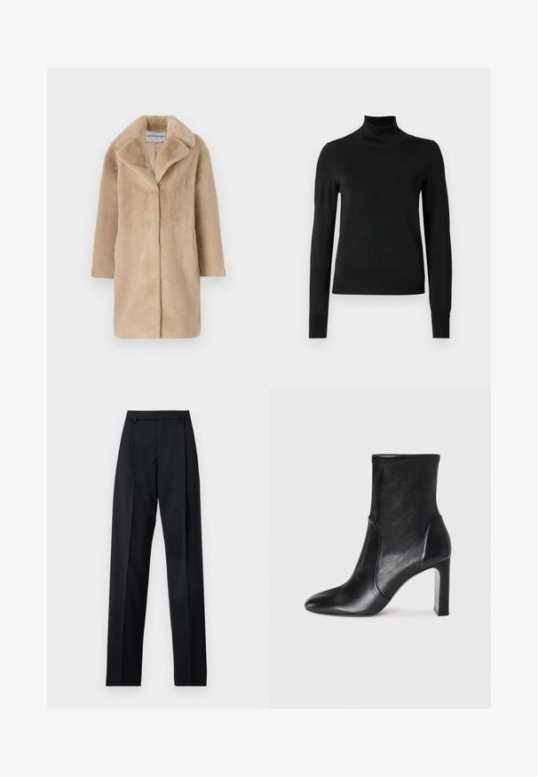 STAND STUDIO CAMILLE COCOON COAT - Cappotto invernale - powder beige; Pullover nero a maniche lunghe con collo alto, rifinito con polsini e orlo a coste, mostrato su uno sfondo bianco semplice.; Pantaloni neri realizzati in tessuto morbido, caratterizzati da vita alta, gambe larghe, pince frontali e classiche passanti per cintura. Non ci sono tasche laterali visibili.; Stivale alla caviglia in pelle nera con un design elegante, punta affusolata e tacco alto a blocco. Presenta una texture liscia e dettagli di cucitura minimalisti.
