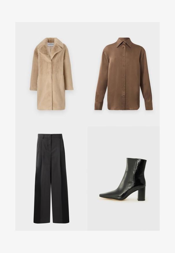 STAND STUDIO CAMILLE COCOON COAT - Cappotto invernale - powder beige; Camicia marrone a maniche lunghe con bottone, colletto e polsini a punta, esposta su uno sfondo bianco uniforme.; Pantaloni neri a gamba larga con vita alta, caratterizzati da pieghe frontali, una texture liscia e una finitura sartoriale. Progettati per un fit rilassato.; Stivale alla caviglia nero in pelle lucida con punta affusolata e tacco squadrato e corposo. Presenta una texture liscia e un design minimalista.