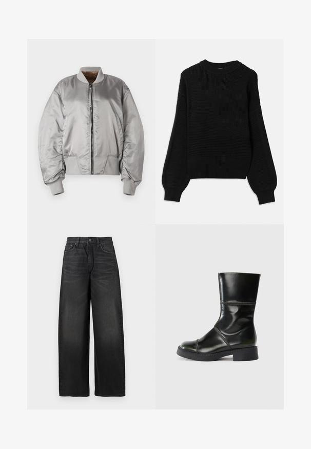 Sidabrinė bomberio striukė su blizgiu paviršiumi, gyslotais rankovėmis ir apykakle, su užtrauktuku priekyje ir šoninėmis kišenėmis. Minkšta vidinė tekstūra.; Juodas megztinis su tekstūru, su raukšlėta apykakle ir per didelėmis palaidinėmis, turinčiomis lygaus paviršiaus apdailą.; Juodos aukšto juosmens plačiašonės džinsai su nežymiu išblukimu ir mažais nusidėvėjimo ženklais viršutiniame dešiniajame šlaunyje.; Juodas odinis kulkšninis botas su apvaliu smaigaliu, lygia danga, kontrastingomis siūlėmis ir storu kulnu, turintis šiek tiek siaurėjantį siluetą.