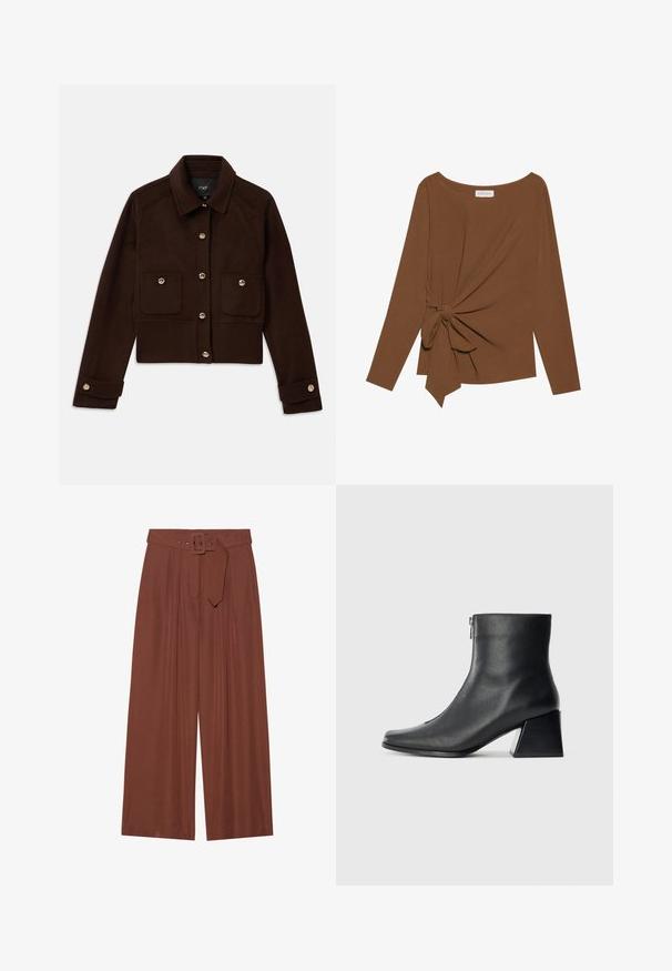 Dark brown cropped jacket with long sleeves, buttoned front and cuffs, and two flap pockets with buttons on the chest.; Brown long-sleeve top featuring a wide neckline and a knot detail on one side, made of soft, textured fabric.; Wide-leg trousers in brown fabric, featuring a belt with a square buckle, pleated design, and smooth texture.; Black leather ankle boot with square toe, side zipper, and block heel against plain light background.