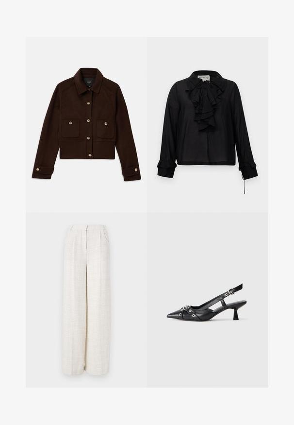 Tumedast pruunist kropped jakk pikade varrukatega, nööbitud ees ja mansetid, ning rinnal kaks klapiga taskut, mis on samuti nööbitud.; Mustmust särg, millel on volangidega esiosa, nööriga kaelus ja volangidega varrukad, esitatud valge taustaga.; Laiad püksid heleses beezis kangas, millel on tekstureeritud kootud muster. Omab esiotsa vööd ja nähtavaid kinnitusi pole.; Must must have must toote tõmblukuga, dekoratiivsed rihmad metallist silmadega ja madal blokk-kand. Tekstureeritud pind.