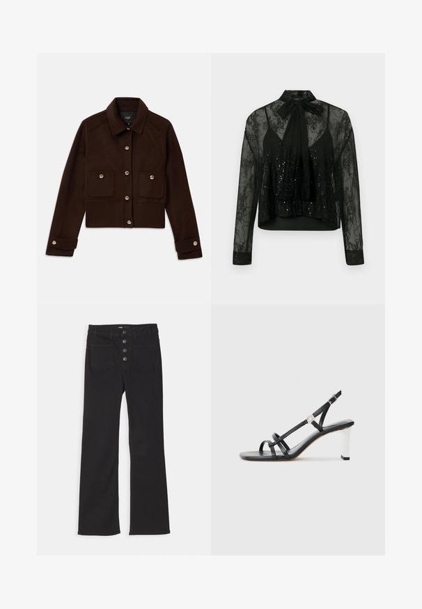 Donkerbruin cropped jack met lange mouwen, knoopsluiting aan de voorkant en manchetknopen, en twee zakken met kleppen en knopen op de borst.; Zwarte doorschijnende blouse met lange mouwen, voorzien van een kanten overlay en paillettenaccenten, afgewerkt met een strikje op de nek en een cropped ontwerp.; Zwarte denim flared jeans met een hoge taille, vijf zakken en een sluiting met een voorkant met vier metalen knopen.; Zwarte hakken sandalen met meerdere smalle banden, een slingback ontwerp en een zilveren accent op de hak. Glad bovenmateriaal en vierkante hak.