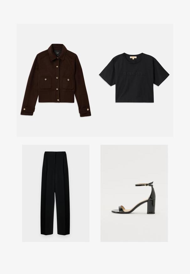 Donkerbruin cropped jack met lange mouwen, knoopsluiting aan de voorkant en manchetknopen, en twee zakken met kleppen en knopen op de borst.; Zwart cropped t-shirt van katoen. Voorzien van een ronde hals en korte mouwen. "MICHAEL KORS" geborduurd in een bijpassende kleur op de voorkant.; Zwarte wijde broek met een hoge taille, met plooien en een gladde textuur. De stof lijkt lichtgewicht en valt elegant.; Zwarte lakleren sandaal met een brede hak, open teen en enkelbandje met een gouden gesp. Zachte textuur en strak ontwerp.