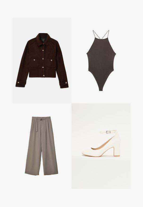 Tamno smeđi skraćeni jakna s dugim rukavima, dugmadima sprijeda i na manžetama, te dva džepa s preklopom i dugmadima na prsima.; Smeđi jednodijelni kupaći kostim s visokim ovratnikom i tankim, prilagodljivim trakama; ima visoko izrezane nogavice i glatku teksturu. Bez uzoraka ili dekoracija.; Široke hlače u mekoj, prigušenoj sivoj tkanini, s remenom na struku i plisiranim detaljima za dodatni dizajn. Glatka tekstura, bez uzoraka.; Bijela visoko potpetasta cipela s oštrim prstom, blok petom i remenom oko gležnja. Glatka površina s suptilnim sjajem i bež unutarnjom oblogom.