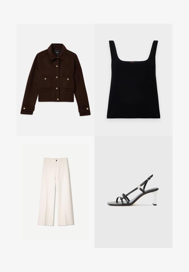 Dark brown cropped jacket with long sleeves, buttoned front and cuffs, and two flap pockets with buttons on the chest.; Black, sleeveless tank top with a square neckline. Made of smooth fabric, featuring a simple design and a stitched logo detail inside.; Cream wide-leg trousers with a tailored design, featuring two front pockets and a single front button closure, made from smooth fabric.; Black heeled sandals with multiple narrow straps, a slingback design, and a silver accent on the heel. Smooth upper material and square heel.
