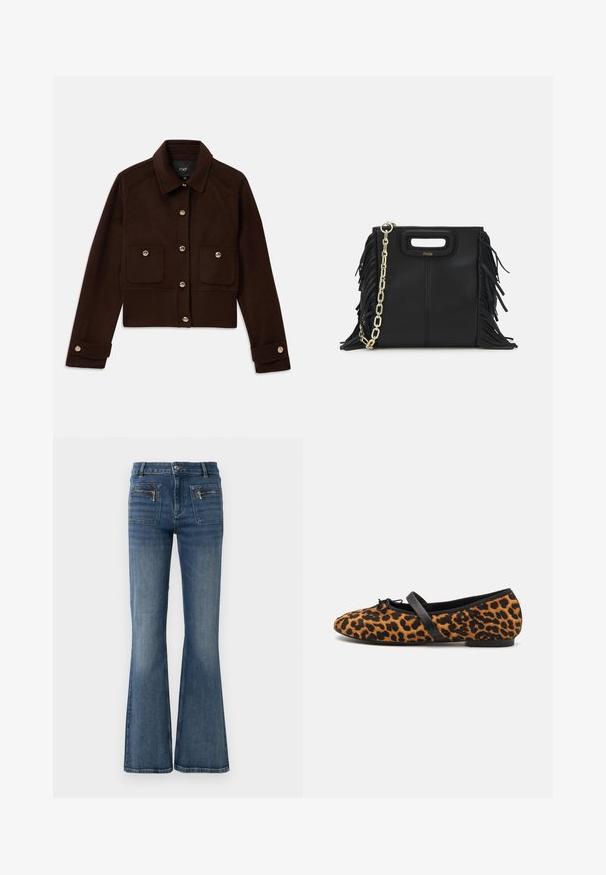 Tumedast pruunist kropped jakk pikade varrukatega, nööbitud ees ja mansetid, ning rinnal kaks klapiga taskut, mis on samuti nööbitud.; Tumes ribade polo-särk, millel on terav krae, lühikesed varrukad ja kaks esist taskut klõpsnuppudega; kaunistatud valgete õmbluse aktsentidega.; Laienevad sinised teksad keskmise kõrgusega vöökoht, millel on ees ja taga taskud ning kerge kulumise efekt.; Leopardimustriga balletijalatsid mustade detailidega, ümmarguse varbaga, lamedate talladega ja eesdekoratiivse paelaga. Pehme tekstuur.; Musta nahk käekott, millel on frantsiisid, kuldne ahelsanga ja lõigatud käepide. Esiosas on logot.