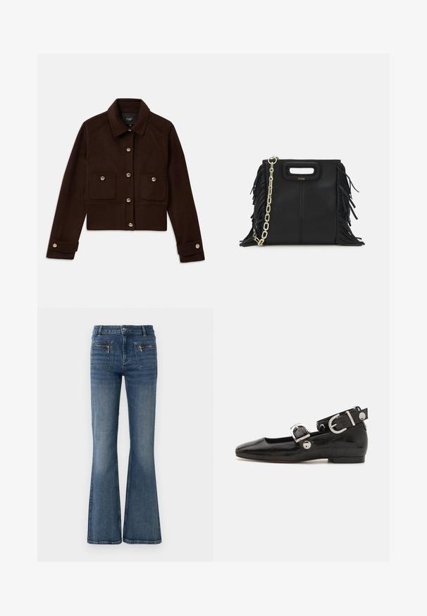 Tumedast pruunist kropped jakk pikade varrukatega, nööbitud ees ja mansetid, ning rinnal kaks klapiga taskut, mis on samuti nööbitud.; Tumes ribade polo-särk, millel on terav krae, lühikesed varrukad ja kaks esist taskut klõpsnuppudega; kaunistatud valgete õmbluse aktsentidega.; Laienevad sinised teksad keskmise kõrgusega vöökoht, millel on ees ja taga taskud ning kerge kulumise efekt.; Must musta nahkkinga lamead kontsad, ruudukujulise varbaga, pahkluu rihmaga, mis sisaldab hõbedast taakleid, ning lame tald. Siledat pinda ja minimalistlikku disaini.; Musta nahk käekott, millel on frantsiisid, kuldne ahelsanga ja lõigatud käepide. Esiosas on logot.