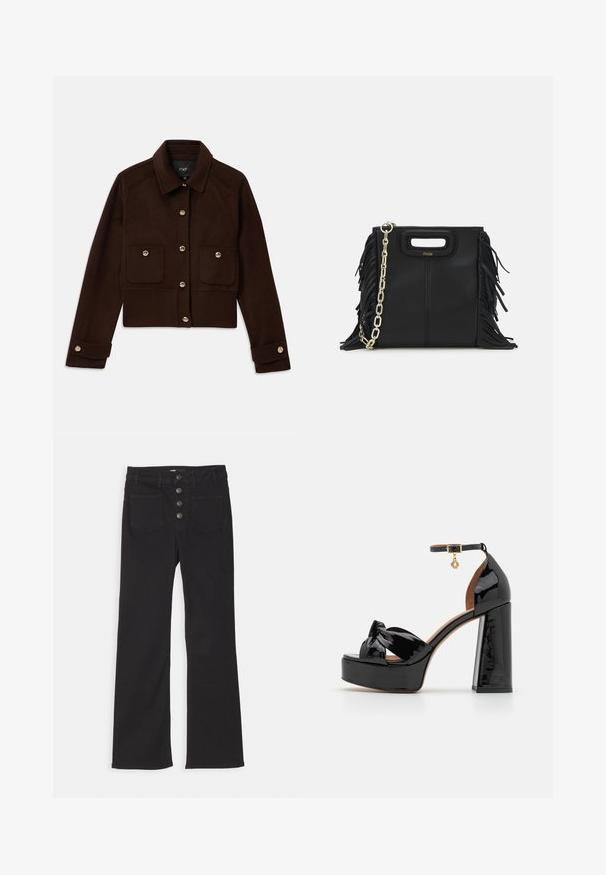 Jachetă cropped de culoare maro închis, cu mâneci lungi, închidere cu nasturi în față și la manșete, și două buzunare cu clapetă, cu nasturi, pe piept.; Polo shirt bleumarin cu țesătură rașchetată, având guler ascuțit, mâneci scurte și două buzunare frontale cu butoane tip snap; evidențiat prin accente de cusătură albă.; Jeans din denim negri cu talie înaltă, design cu cinci buzunare și închidere frontală cu patru butoane metalice.; Maje Sandale cu toc - noir; Geantă de mână din piele neagră cu detalii din franjuri, curea de umăr din lanț auriu și un mâner cu tăietură. Prezintă plasarea logo-ului pe față.