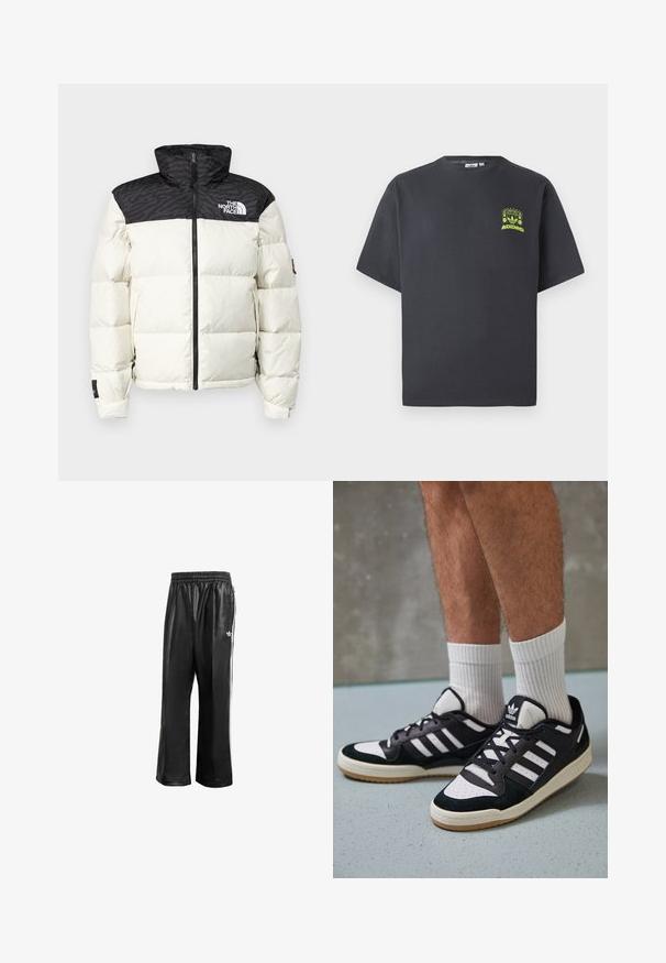 The North Face RETRO NUPTSE JACKET - Daunenjacke - white dune/black; Dunkelgraues Adidas-T-Shirt mit kurzen Ärmeln und einem kleinen neongrünen Aufdruck von Lautsprechern, Sonne und dem Adidas-Logo auf der linken Brust.; Schwarze synthetische Sporthosen mit elastischem Taillenbund, ausgestattet mit weißen Seitenstreifen und einem kleinen weißen Logo auf der linken Hüfte.; Schwarz-weiße Sneaker mit einem Obermaterial aus Wildleder und Leder, ausgestattet mit drei weißen Streifen, einer perforierten Zehenpartie und einer Sohle aus Gummi.