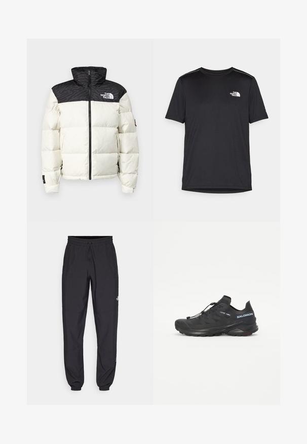The North Face RETRO NUPTSE JACKET - Down jacket - white dune/black; Black short-sleeve T-shirt made from lightweight fabric. Features a small white logo on the left chest and subtle shoulder accents.; Black athletic pants made from lightweight fabric, featuring a drawstring waistband, side pockets, and tapered cuffs at the ankles.; Black trail running shoe with a textured upper, elastic laces, and Contagrip outsole. Features a snug fit and protective toe cap.