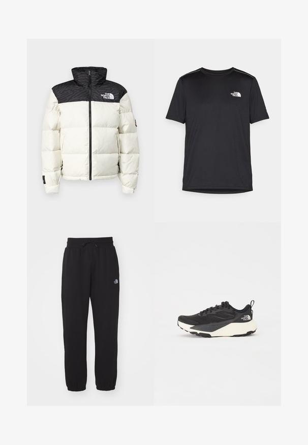 The North Face RETRO NUPTSE JACKET - Jachetă cu puf - white dune/black; Tricou negru cu mânecă scurtă, realizat dintr-un material ușor. Prezintă un mic logo alb pe pieptul stâng și accente subtile pe umeri.; Pantaloni de trening negri dintr-un material moale, cu talie elastică și șnur, cu glezne strânse și un logo mic pe coapsa superioară.; Shoe sportiv negru cu superior din plasă texturată, accente negre solide și talpă ușoară albă. Dispune de închidere cu șireturi și mâner de prindere.