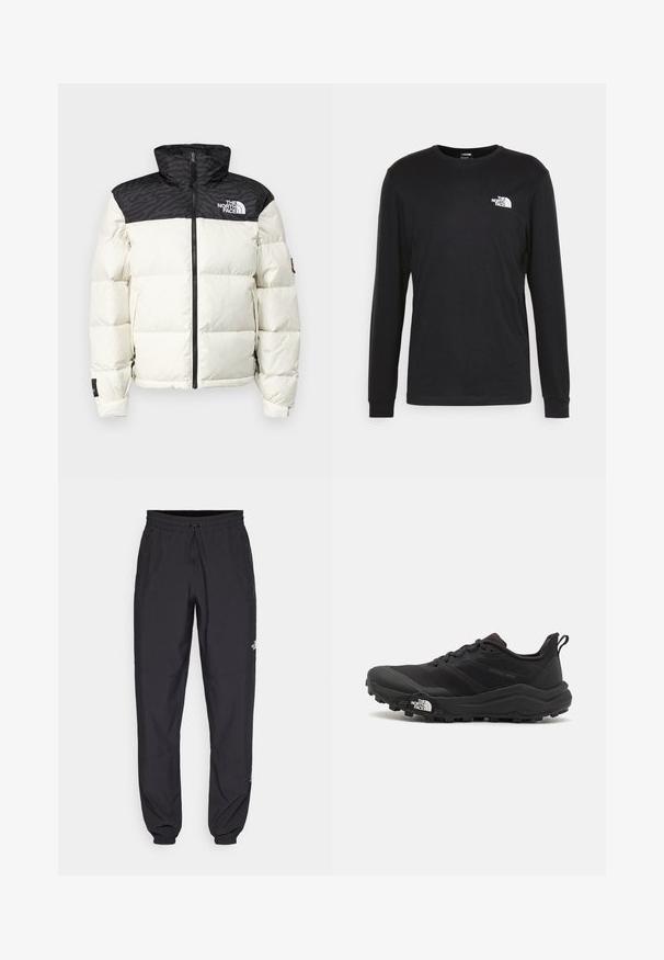 The North Face RETRO NUPTSE JACKET - Tollkabát - white dune/black; Fekete, hosszú ujjú pamut póló, bal mellrészen fehér logóval és bordázott mandzsettákkal. Sima textúrájú, kerek nyakkivágással.; Fekete sportnadrág, könnyű anyagból készült, húzózsinóros derékkal, oldalsó zsebekkel és szűkített szárakkal a bokáknál.; Fekete terepfutó cipő, textúrált felső résszel, gumitalppal és megerősített lábujjrészével. Párnázott bokarésszel és húzófüllel rendelkezik a könnyű felhúzáshoz.