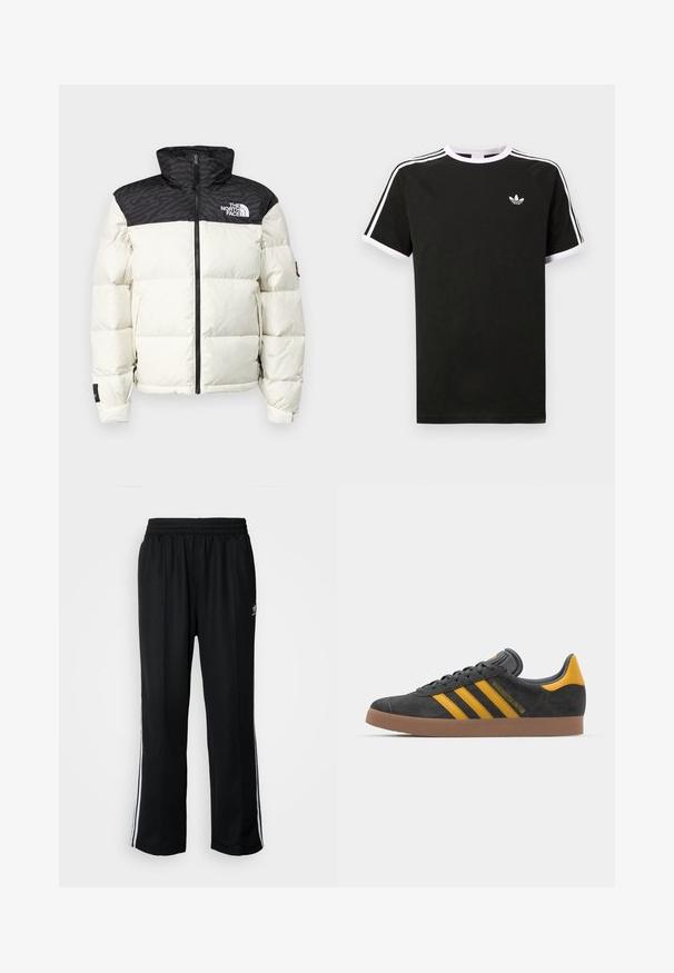 The North Face RETRO NUPTSE JACKET - Páperová bunda - white dune/black; Čierne tričko vyrobené z bavlny s bielymi akcentmi. Má krátke rukávy, raglánový strih a malé logo na hrudi. Tri biele pruhy na pleciach.; Čierne športové nohavice s elastickým pásom, s bielymi bočnými prúžkami a malým logom. Materiál vyzerá byť mäkký a ľahký.; Čierne semišové tenisky so žltými akcentmi, ktoré majú tri pruhy a hnedú gumovú podrážku. Obsahujú vypolstrovaný jazyk pre pohodlie.