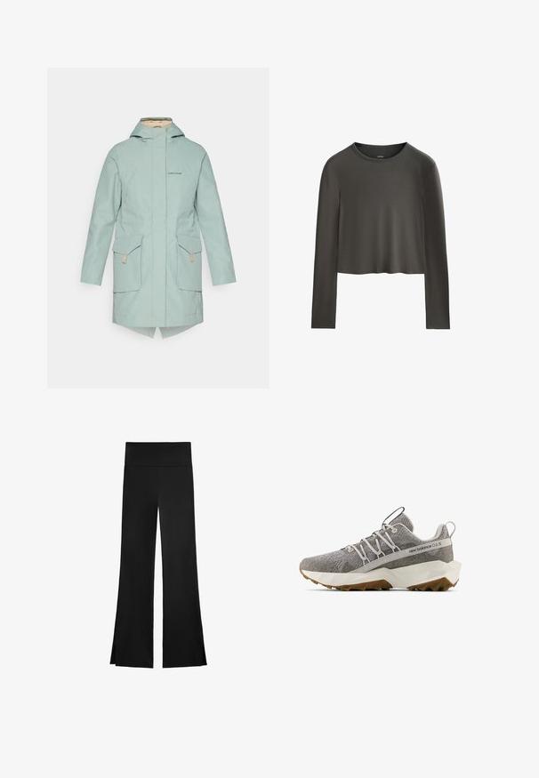 Ljus mintgrön vattentät jacka med dragkedja, två framfickor, huva och hög-låg fåll. Har subtil logotyp på bröstet.; Mörkgrå långärmad kort topp med rund hals, minimal sömnad och en enkel slät tygtextur.; Svarta byxor med en vid design, utrustade med hög midja och sidofickor för ökad rörelsefrihet. Tillverkade av ett mjukt, stretchigt tyg.; Grå New Balance-sneakers med texturerad stickad ovandel, vit geometrisk sula, brun trampdyna, elastisk snörningsdesign och dragflikar på tungan och hälen.