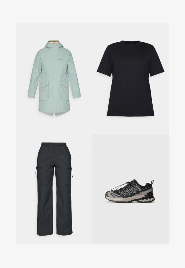 Gaismas piparmētru zaļš ūdensizturīgs jakas ar rāvējslēdzēju, divām priekšējām kabatām, kapuci un augstu-zemu apakšmalu. Kakla daļā ir nedaudz redzama zīmola apzīmējums.; Melna īsām piedurknēm T-kreklā, kas izgatavots no gludas kokvilnas, ar apļa kakla izgriezumu un smalku iebullētu logo detaļu kreisajā pusē.; Peak Performance CARGO PANTS - Āra bikses - black; Melnas un pelēkas sporta apavus ar sietveida augšdaļu, gumijas zoli un elastīgu šņorēšanas sistēmu. Iespējama pastiprināta purngala un teksturēti akcenti.