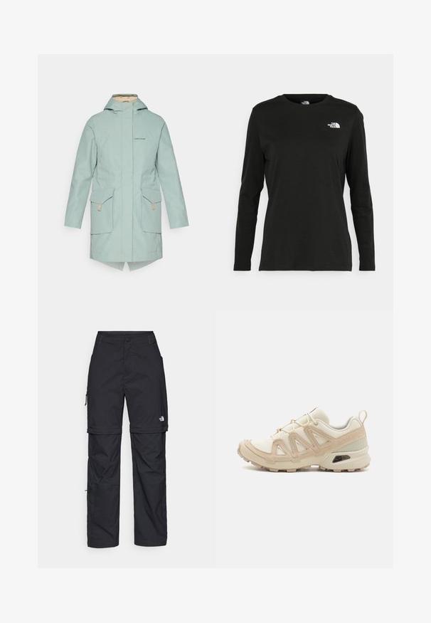 Leichte mintgrüne wasserdichte Jacke mit Reißverschluss, zwei Fronttaschen, Kapuze und einem High-Low-Saum. Verfügt über dezente Markenkennzeichnung auf der Brust.; Schwarzes Langarm-T-Shirt aus Baumwolle mit Rundhalsausschnitt. Verfügt über ein kleines weißes Logo auf der linken Brustseite. Einfaches Design und Passform.; Schwarze Nylon-Zip-Off-Cargohosen mit verstellbaren Bündchen, mehreren Taschen und einem Logo am rechten Bein. Glatte, leichte Textur.; Beige und cremefarbenen Sportschuh mit strukturiertem Mesh-Obermaterial, unterstützenden Überzügen und Gummisohle mit einem Profilmuster für Bodenhaftung.