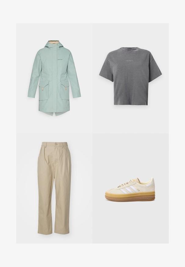 Svetlo mätovo-zelená nepromokavá bunda so zipsovým uzatvorením, dvoma prednými vreckami, kapucňou a asymetrickým lemom. Obsahuje diskrétnu značku na hrudi.; Šedé krátke rukávy skrátené tričko s okrúhlym výstrihom a malým stredovým bielym logom "carhartt" na prednej strane.; Béžové nohavice vyrobené z bavlny, s uvoľneným strihom, predným skladom, uzáverom na jeden gombík a rovnými nohavicami so šitými lemami.; Béžová semišová teniska s tromi bielymi pruhmi, textúrovanou hnedou podrážkou a zlatým logom. Má zaoblenú špičku a mäkký polstrovaný lem.