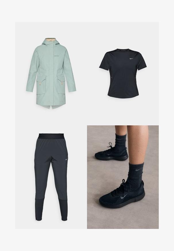 Licht mintgroene waterdichte jas met ritssluiting, twee voorzakken, een capuchon en een hoge-lage zoom. Heeft subtiele branding op de borst.; Zwarte sportieve t-shirt met korte mouwen, gemaakt van lichtgewicht, vochtafvoerende stof. Heeft een ronde hals en een klein wit Nike-logo op de borst.; Nike sportieve broek in donkergrijs, met een tapered leg ontwerp, elastische tailleband en accentdetails bij de boorden.; Zwarte Nike-sneakers met een gestructureerde breisolen, voorzien van een grijze swoosh-logo, gedragen met donkere geribde sokken. Vlakke rubberen zool.
