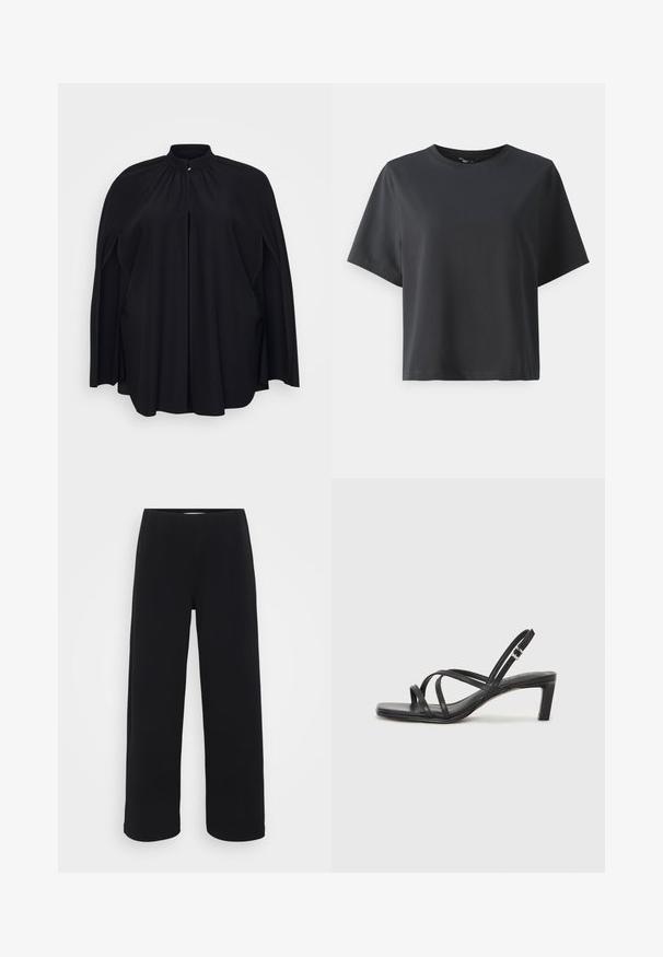 Fekete köpeny magas nyakkivágással és finom redőzéssel. Nyitott elülső részével és széles ujjú, sima, könnyű anyagból készült.; Fekete pamut póló, rövid ujjú, kerek nyakkivágású, laza szabású, sima textúrájú, egyszerű design, minta vagy kiegészítők nélkül.; Fekete, bő szárú nadrág, elasztikus derékkal. Texturált anyagból készült, laza szabású, egyenesen vágva a csípőtől a szegélyig.; Fekete pántos szandál négyzetes orral és alacsony blokk sarkal. Több vékony pánttal és állítható boka pánttal rendelkezik. Sima bőrből készült.