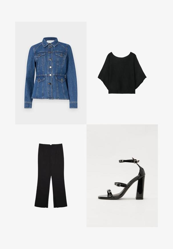 Tummansininen farkkutakki, jossa on istuva vyötärö, terävä kaulus, kaksi etutaskua ja nappisulku, ja joka on varustettu kontrastivärisellä oranssilla ompelulla.; Musta neulepaita, jossa on leveät hihat, pyöreä pääntie ja rento istuvuus. Kankaassa on ribbitekstuuria, ilman kiinnityksiä tai kuvioita.; Mustat housut suoralinjaisella leikkauksella, joissa on etutaskut ja sivurei'ät helman alla. Valmistettu pehmeästä ja sileästä kankaasta. Sopii eri tilaisuuksiin.; Musta kiiltäväpintainen korkokengät, joissa on kaksi solkikiinnitystä, neliönmuotoinen kärki ja paksu korko, sileällä, kiiltävällä pintarakenteella.