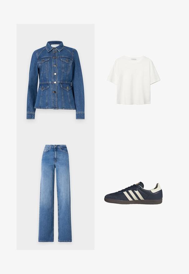 Jeans jakna u tamnoplavoj boji s krojem koji prati struk, šiljastim kragnom, dva prednja džepa i dugmadi, s kontrastnim narančastim šavovima.; Bijela majica kratkih rukava od pamuka. Ima okrugli izrez i opušteni kroj. Glatka tekstura bez vidljivih uzoraka ili naglasaka.; Svijetloplavi široki traperice izrađene od denima, s visokim strukom, prednjim džepovima i standardnim kopčanjem na dugme. Glatka tekstura.; Tamno plave kožne tenisice s tri bež pruge, teksturiranim kapicom za prste i smešnim gumiranim potplatom, s kontrastnim bijelim detaljem na peti.