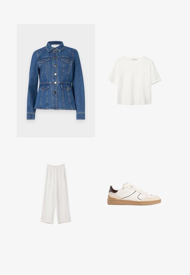 Denim jakna v temno modri barvi s prilagojenim pasom, ostrim ovratnikom, dvema sprednjima žepoma in gumbom, ki se ponaša z kontrastnim oranžnim šivanjem.; Bela kratka majica s kratkimi rokavi iz bombaža. Ima okroglo izrezovanje in sproščen kroj. Gladka tekstura brez vidnih vzorcev ali poudarkov.; Bele široke hlače iz lahkega materiala. Imajo elastičen pas s vrvico in stranske žepe. Gladka tekstura.; Stradivarius Športni copati - white