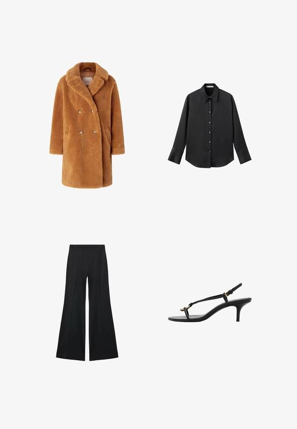 Rjav, dvoredni plašč, izdelan iz mehke, puhaste tkanine. Ima široke reverje, dva sprednja žepa in okrogle gumbe za zapiranje.; Črna majica z dolgimi rokavi iz gladkega materiala, z klasičnim ovratnikom, sprednjim zapiranjem na gumbe z zlatimi gumbi in širokimi manšetami.; Črne široke hlače z gladko teksturo, ki imajo sprednje nabore in kroj po meri. Tkanina je lahka in zračna.; Črne usnjene sandale s kitten peto, tankimi trakovi, zlate zaponke in minimalistično zanko za prste na beli podlagi.