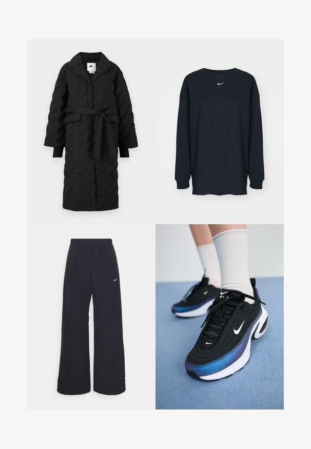 Svart quiltet lang kåpe med krage, belted midje og lange ermer. Har subtil tekstur og en sportslig design.; Svart langermet T-skjorte laget av bomull med rund hals. Har en hvit Nike-logo på brystet. Myk tekstur, enkelt design.; Svarte vide bukser med elastisk linning og en liten hvit Nike-logo. Stoffet har en glatt tekstur, designet for komfort og uformell bruk.; Sorte Nike joggesko med en glatt stoffoverdel, med et gradientdesign fra blått til svart, hvit såle og fremtredende logoaksenter.
