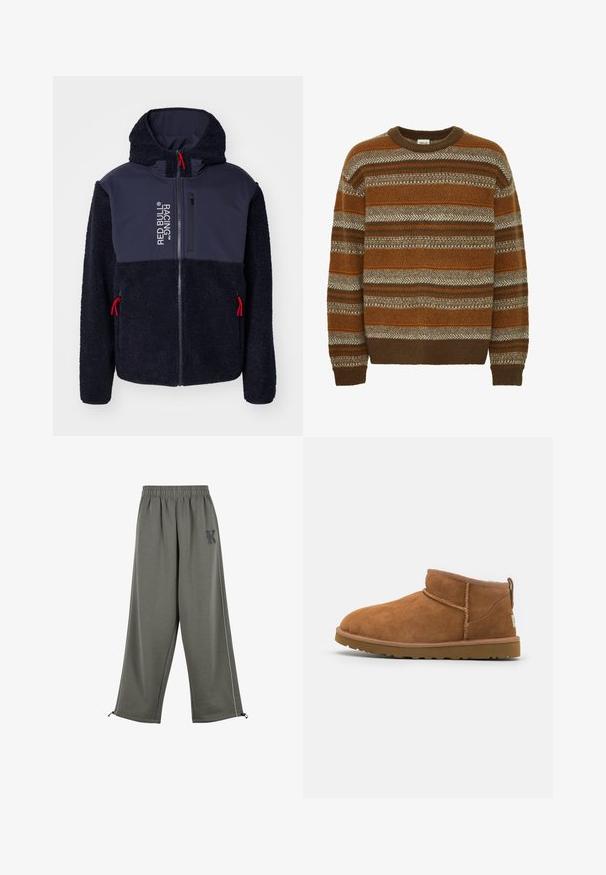 Granatowa polarowa kurtka o miękkiej fakturze, z czerwonymi akcentami, pełnym zamkiem błyskawicznym i nadrukiem logo. Posiada kaptur oraz dwie kieszenie boczne na zamek.; Solid MAXWELL brązowy; Karl Kani SIDESTRIPE jasnozielony melanż; Beżowe zamszowe botki za kostkę z okrągłym noskiem, subtelnymi detalami przeszyć oraz teksturowaną gumową podeszwą. Niskie, bez sznurówek.