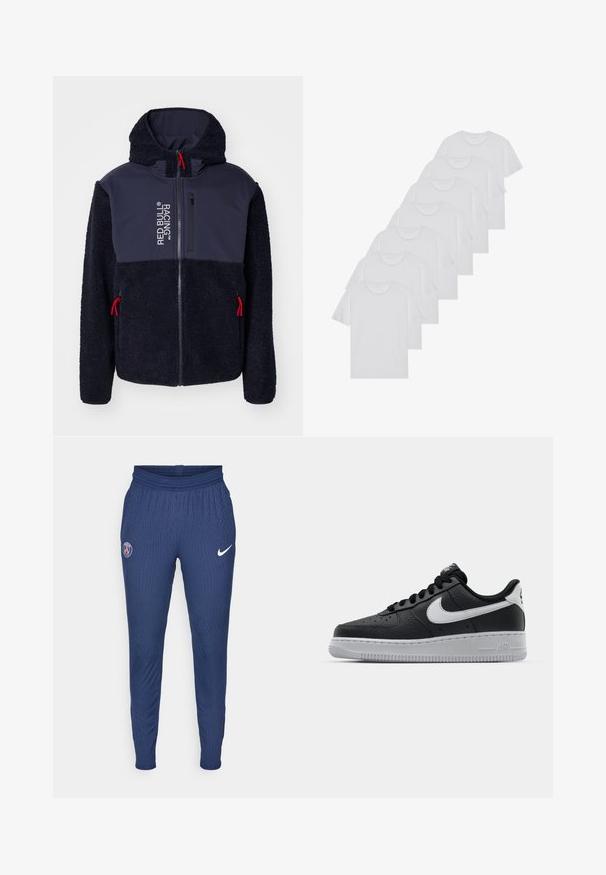 Tumesinise fliistekiga jakk pehme tekstuuriga, punaste aktsentidega, täispikkuses lukuga ja logo trükiga. Omab kapuutsi ja kahte lukuga küljetaskut.; Valge puuvillane T-särk, lühikeste varrukatega, ümar neel, ühtlane tekstuur, reastatud kuhjale, kaeluses peene brändinguga.; Tumed sportlikud püksid, mis on valmistatud tekstuuriga kangast, esitavad vasakul reiel Pariisi logo ja paremal Nike swooshi valges värvuses.; Must musta sneaker tekstureeritud pinnaga, valge Nike logo, hall tald, ümar varv ja paeltega disain. Omab perforatsioone varbakasti peal.