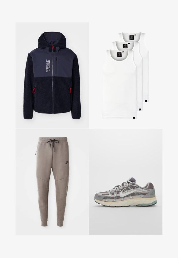 Jūrų laivyno šilkinis džemperis su minkšta tekstūra, raudonais akcentais, pilnai užtraukiamas ir su logotipo spauda. Sukurtas su gobtuvu ir dviem užtrauktukais užsegamomis šoninėmis kišenėmis.; Trys balti, dryžuoti marškiniai be rankovių, pagaminti iš medvilnės. Yra apvalus kaklas ir maži juodi etiketės netoli siūlės. Siūlomi įvairių dydžių.; Pilkos Nike kelnės su raišteliu liemenyje, siaurėjančiomis kojomis, šoninėmis kišenėmis ir išskirtiniais siūlų detalėmis. Minkšta, tekstūruota medžiaga.; Pilkas sportinis batas su tinklu ir zomšos viršutine dalimi, baltomis detalėmis, paminkštintu padu ir išskirtiniu dizainu su atspindinčiais elementais.