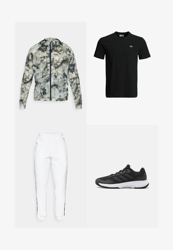 Lett, glidelåsjakke med et grønt og grått abstrakt mønster. Har høy krage og justerbar hette. Laget av et glatt, vannavvisende stoff.; Svart bomulls T-skjorte med rund hals, korte ermer, og en liten grønn krokodille-logo på venstre bryst. Glatt tekstur, uformelt design.; Hvite joggebukser med elastisk midje, med svarte sidestriper og mansjetter. Laget av myk stoff med en glatt tekstur.; Svart idrettssko med teksturert overdel, tre horisontale striper, og en hvit såle med mønstret gummibunn. Lettvekts og strømlinjeformet design.