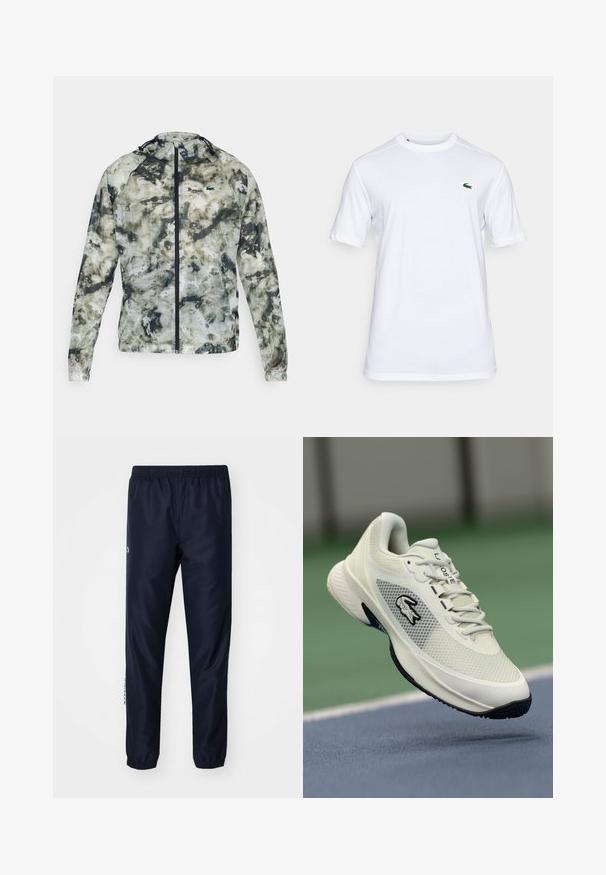 Lett, glidelåsjakke med et grønt og grått abstrakt mønster. Har høy krage og justerbar hette. Laget av et glatt, vannavvisende stoff.; Hvit bomulls t-skjorte med rund hals, korte ermer og en liten grønn krokodillelogo på venstre bryst. Glatt tekstur, normal passform.; Marine trackbukser laget av lett stoff, med elastisk livbånd og mansjetter, samt en logoakkent på siden for detaljer.; Hvite sportssko med mesh-overdel, svarte detaljer, teksturert såle og fremtredende logo på siden, plassert mot en bakgrunn av en bane.