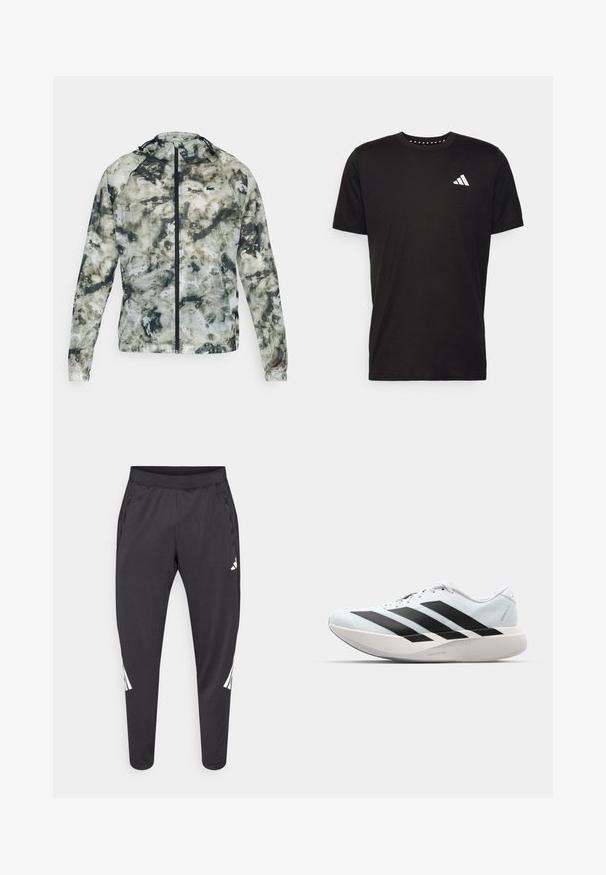 Kerge, tõmmatav jakk rohelise ja halli abstraktse mustriga. Omab kõrget krae ja reguleeritavat kapuutsi. Valmistatud siledast veekindlast kangast.; Must must ka t-särk lühikeste varrukatega, ümmarguse kaelusega ja valge logoga vasakul rinnal. Sile tekstuur ja lihtne disain.; Mustad spordipüksid kitsenevate säärtega, kummipaelaga vöökohal, küljetaskutega ning valge logoga ja triipudega. Valmistatud siledast, kerge kaaluga materjalist.; Kerged jooksujalatsid helesinises värvuses mustade triipudega. Omavad siledat pealispinda, ümarat varvase osa ja paksu valget vahemõõtu, millel on silt "LIGHTSTRIKE PRO".